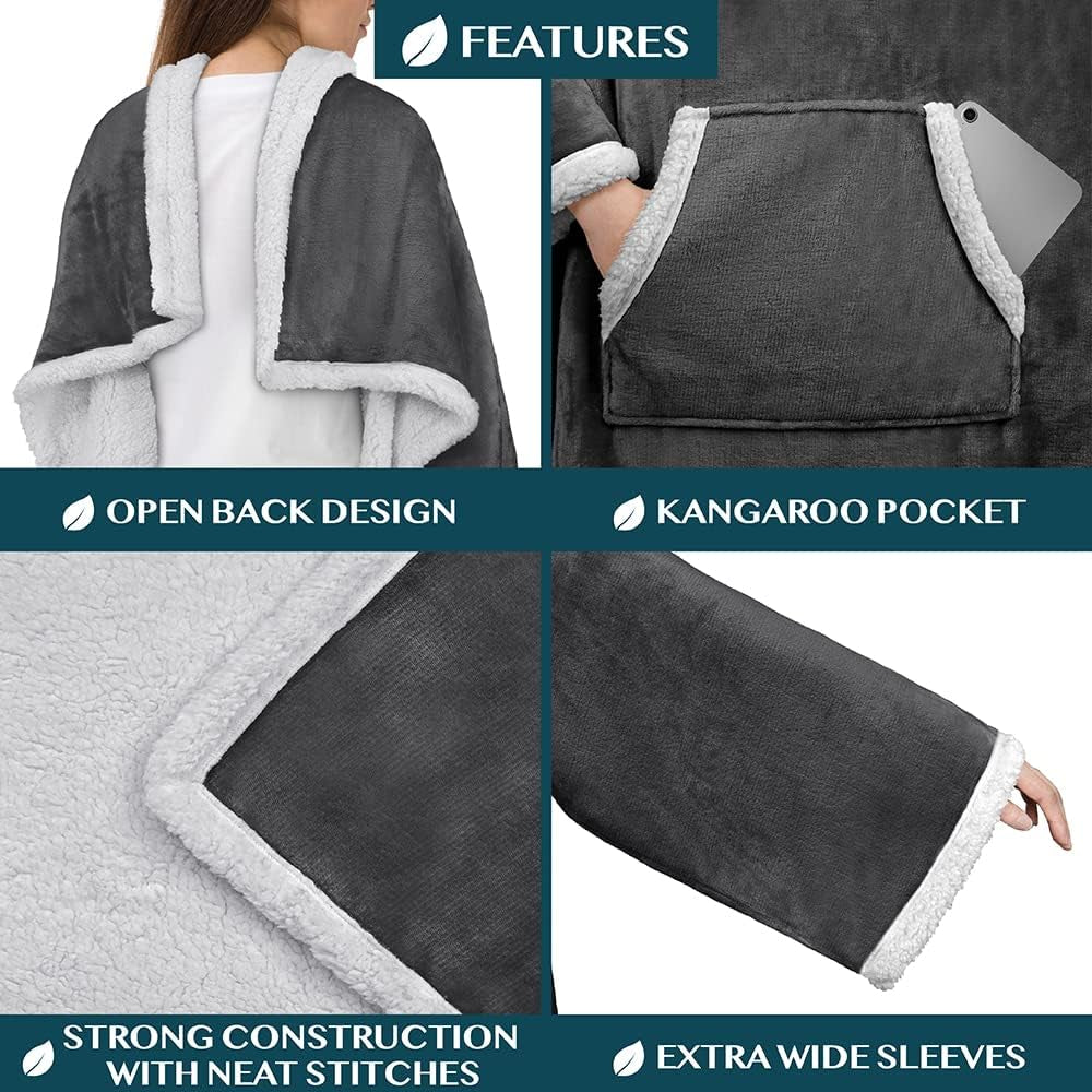 Sherpa Wearable Blanket with Sleeves and Pocket, Plush Thick Cozy Body Blanket Wrap for Adult Women Men, for Wife Mom, Dark Grey