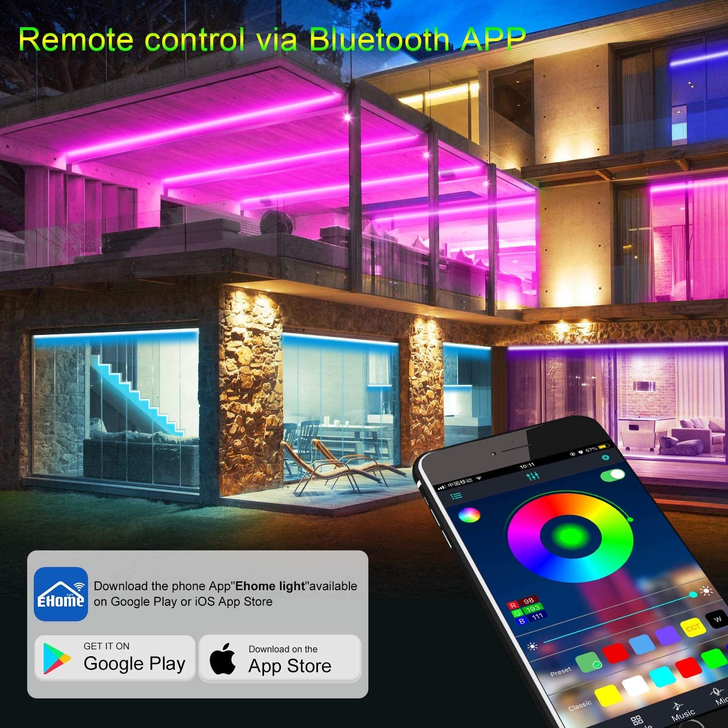 Micomlan 32.8Ft/10M LED Strip Lights,Music Sync Color Changing RGB LED Strip Built-In Mic, Bluetooth App Controlled LED Lights Rope Lights, 5050 RGB LED Light Strip(App+Remote+Mic+3 Button) (32.8FT)